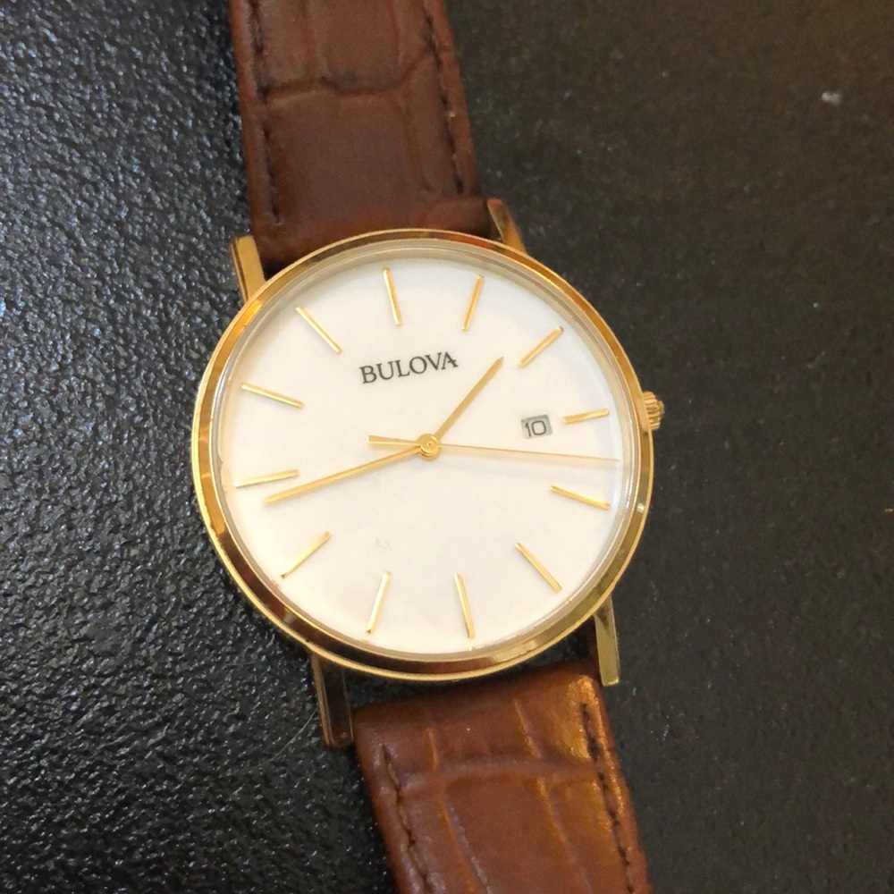 Bulova Watch White Face Gold Hands Leather Band